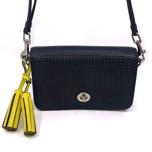 Coach Navy Blue Swinback Leather Bag with Yellow Tassells